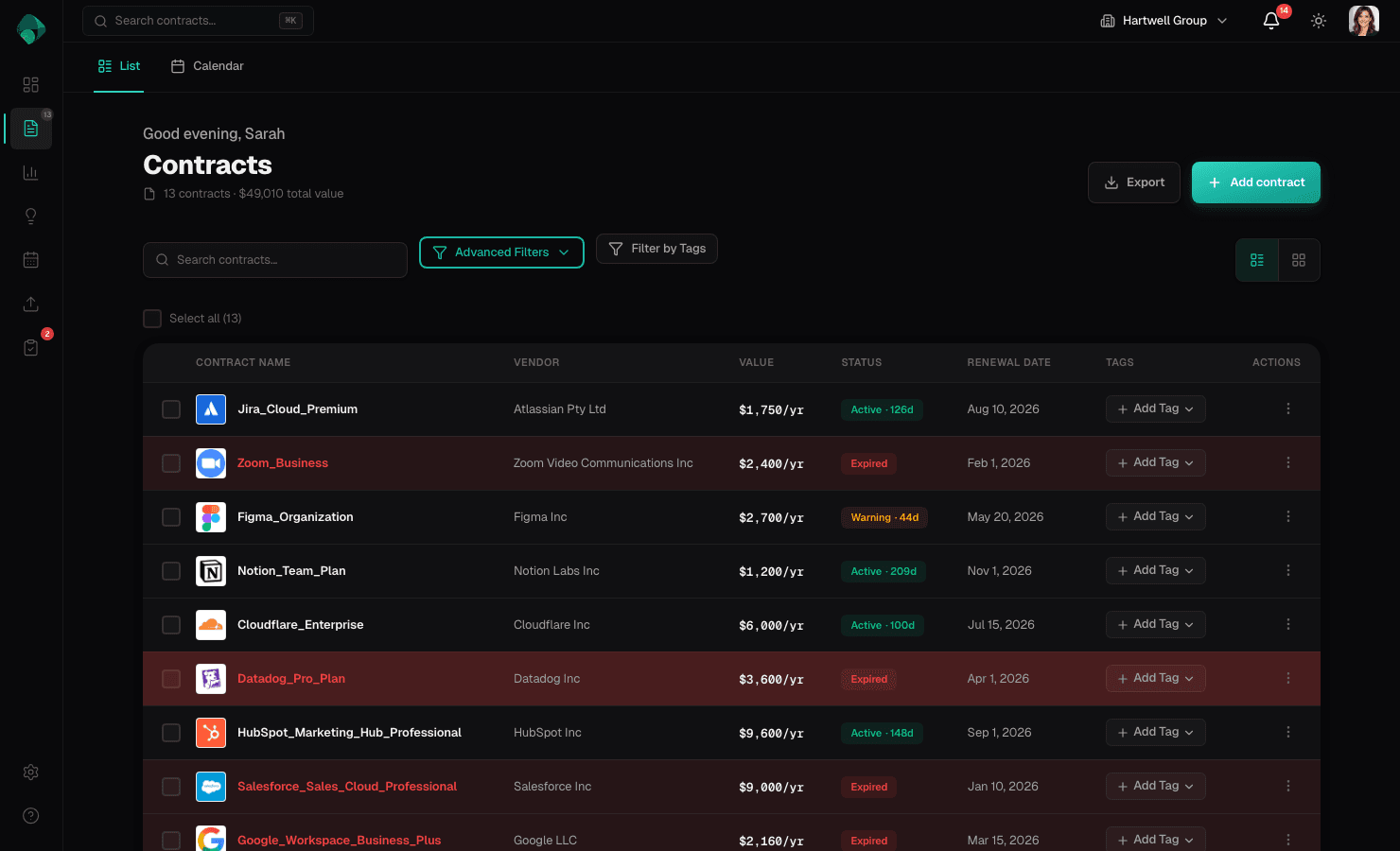 Renewly contracts list showing vendor contracts with renewal dates, values, and status