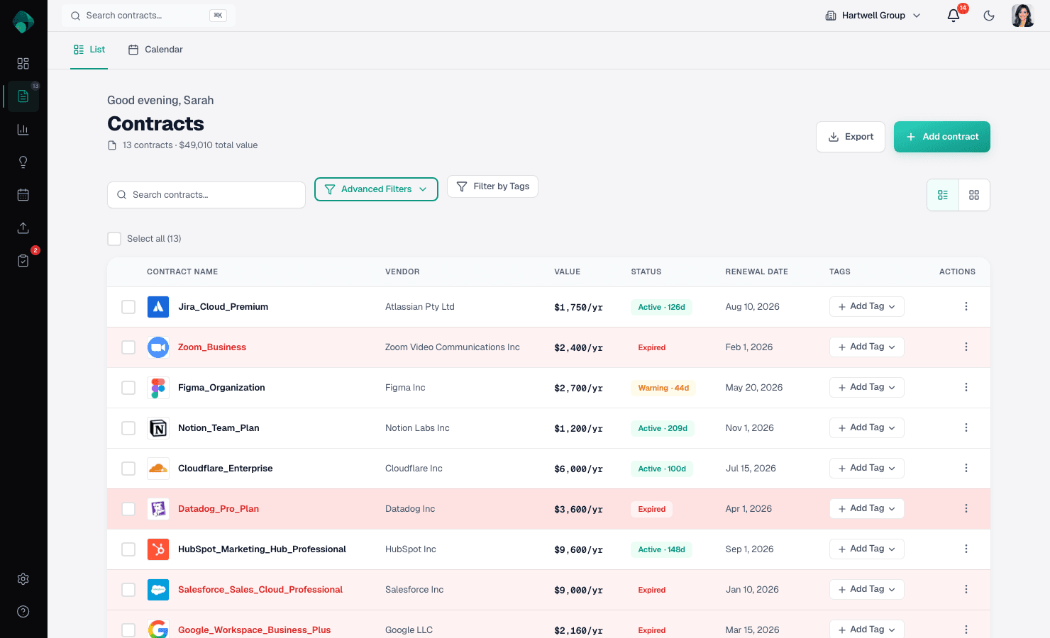 Renewly contracts list showing vendor contracts with renewal dates, values, and status
