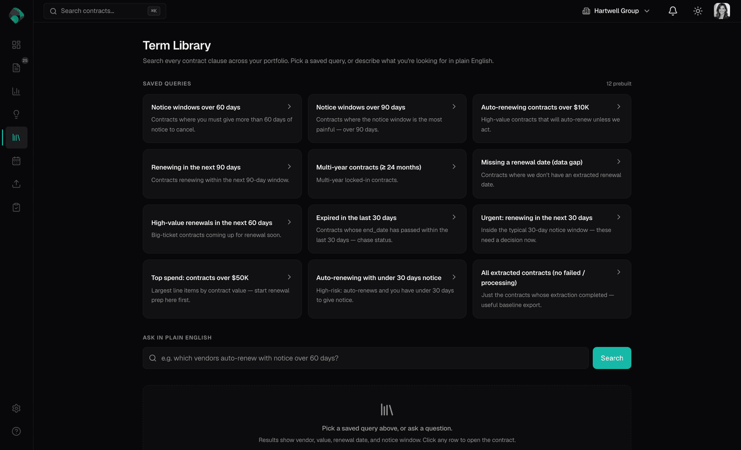 Term Library showing 12 prebuilt queries and a natural-language search input across the contract portfolio