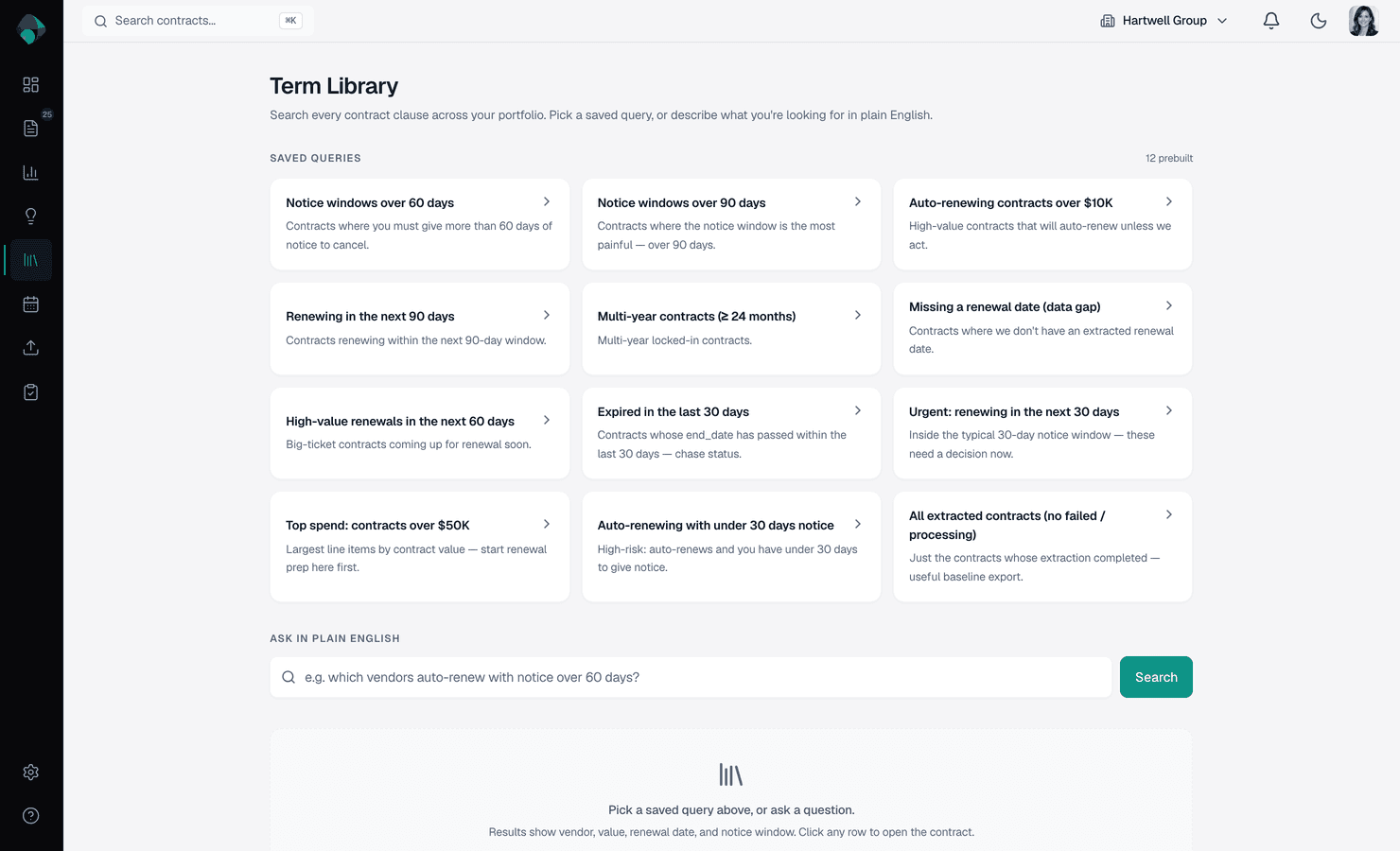 Term Library showing 12 prebuilt queries and a natural-language search input across the contract portfolio